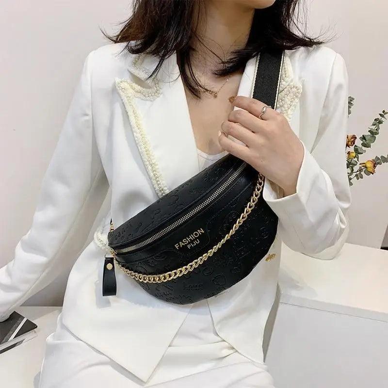 Retro Waist Fanny Pack Purse Leather with Gold Chain