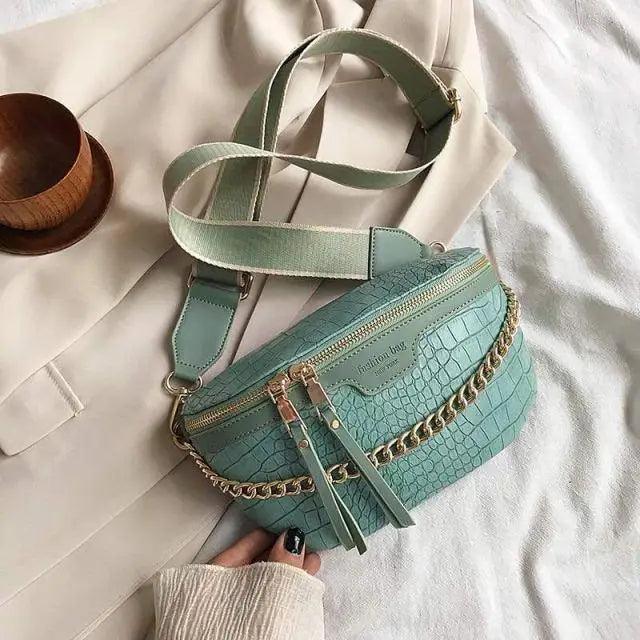 Retro Waist Fanny Pack Purse Leather with Gold Chain