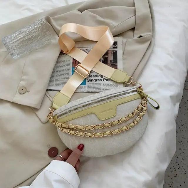 Retro Waist Fanny Pack Purse Leather with Gold Chain