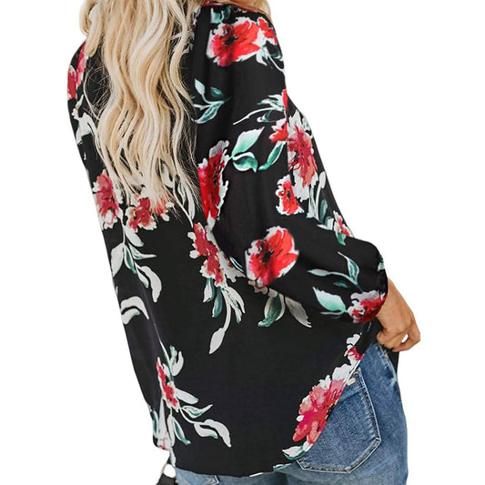 Women's Casual Boho Floral Print V Neck Long Sleeve Shirts Tops